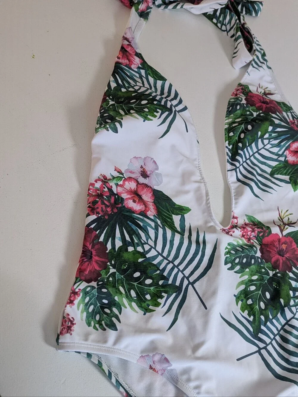 Floral Womens Swimwear Size L Halter Neck Monokini Tropical White Green Cut Out